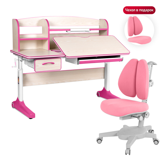 Комплект Anatomica Uniqa парта + кресло + надстройка + подставка для книг клен/розовый с розовым креслом Armata Duos